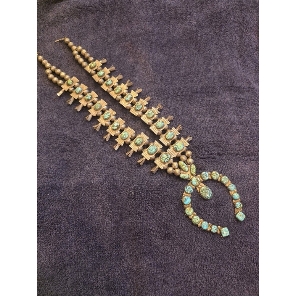 Navajo Bowtie Squash Blossom Spider Web Blue Turquoise Necklace -VINTAGE- SILVER - Picture 9 of 12